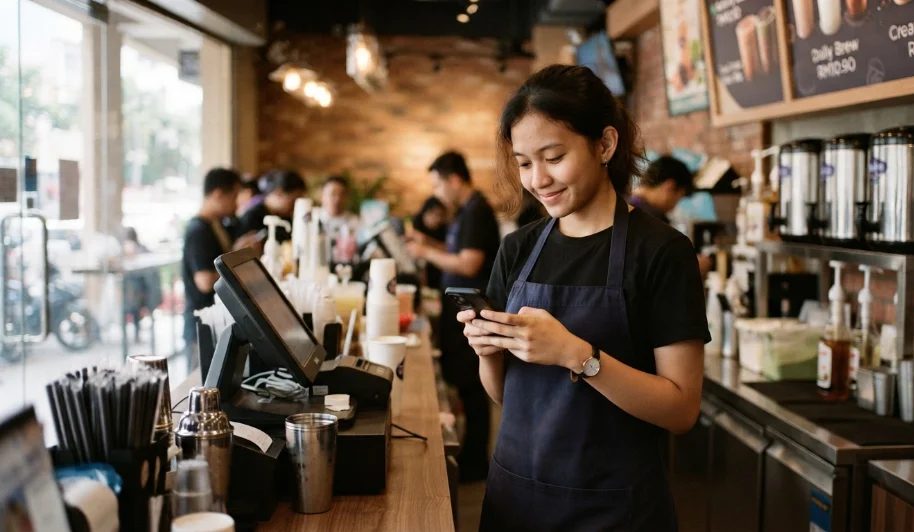 Counter staff at a boba shop