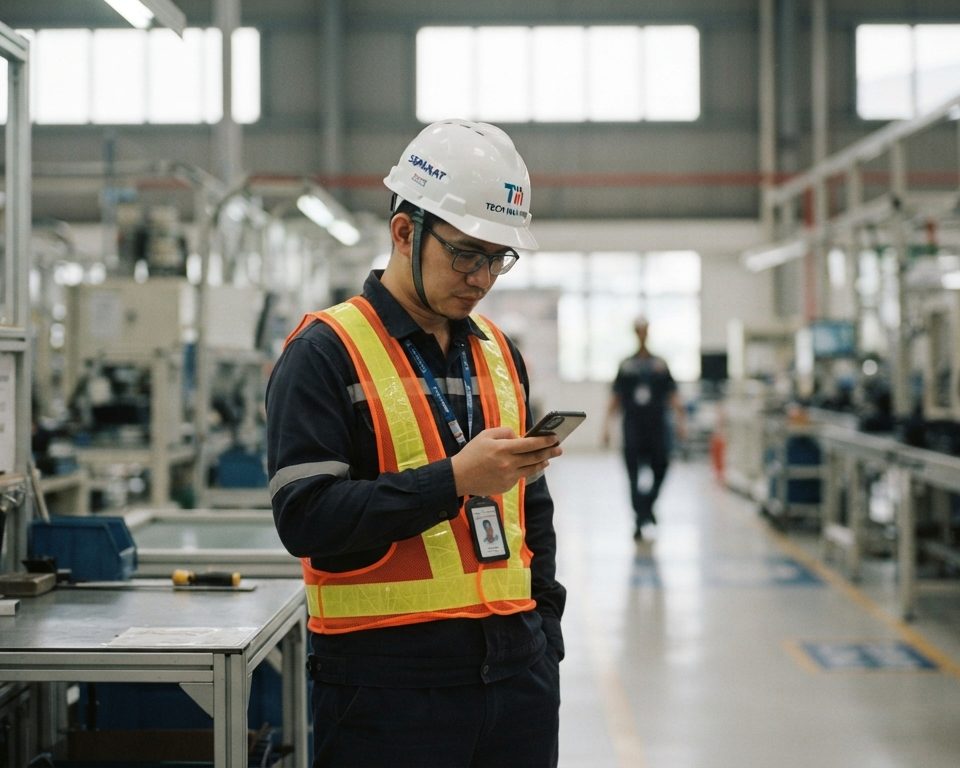 Operator on the production floor checking their phone