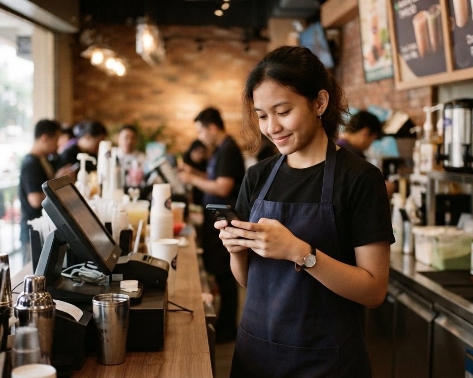 Barista at the espresso bar checking their phone